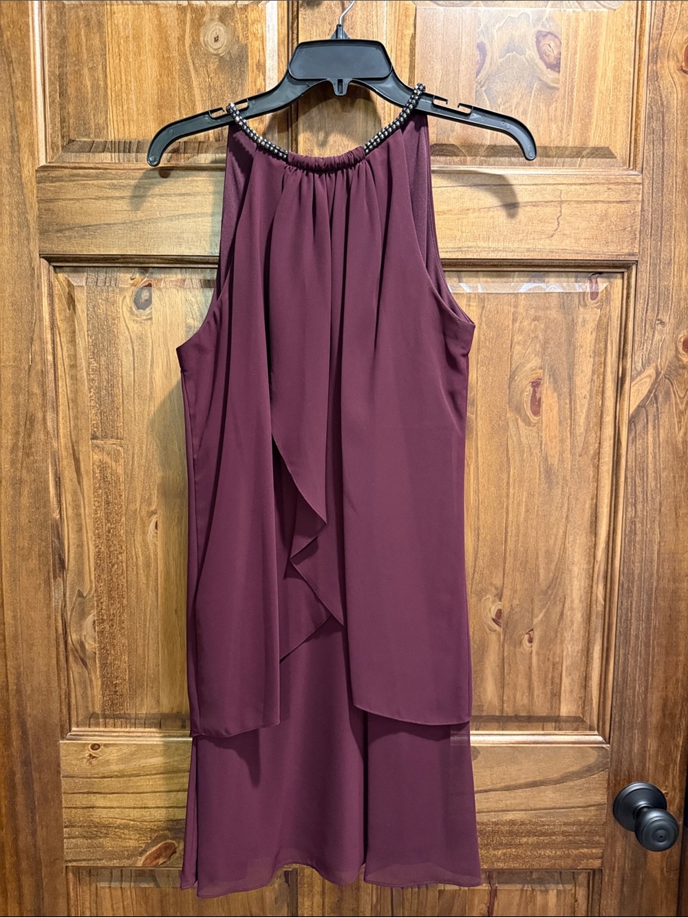 SLNY Beaded Halter Midi Dress - Burgundy